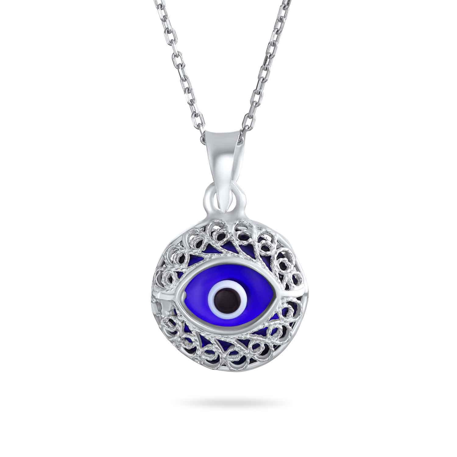 Turkish Light Blue Evil Eye Charm Round Pendant Necklace Sterling Silver