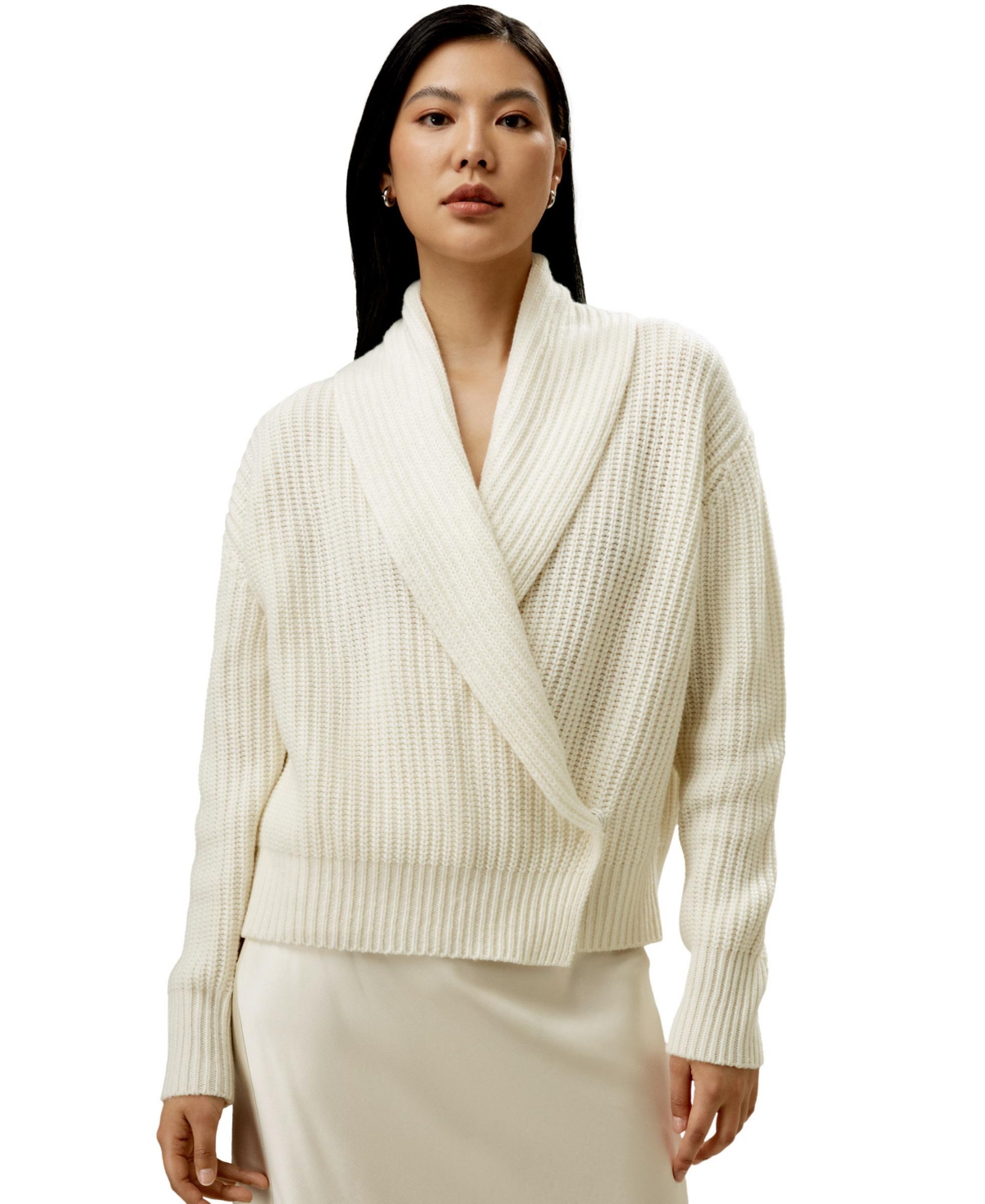 Women's Shawl Collar Drop Shoulder Knit Cardigan - White