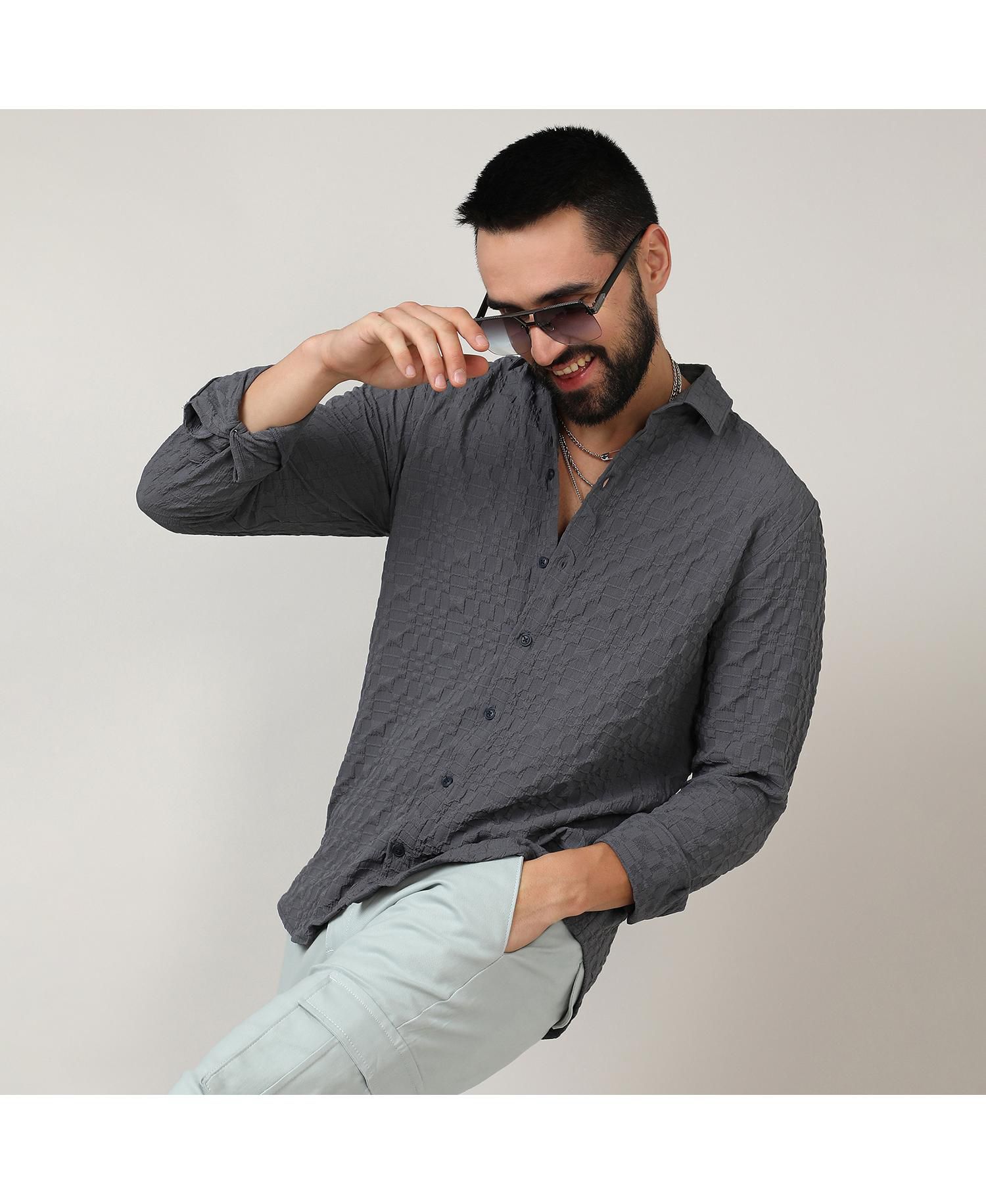 Men's Charcoal Grey Embossed Geometric Shirt