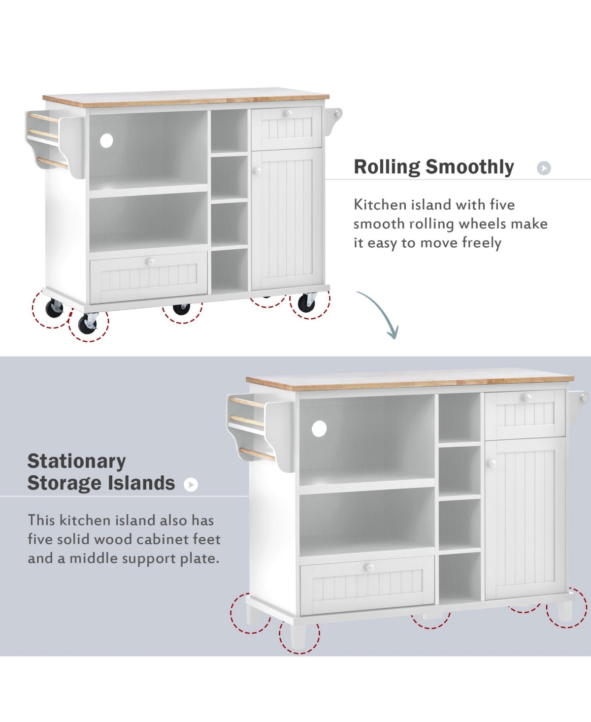 Slickblue Kitchen Island Cart with Storage Cabinet & Two Locking Wheels: Solid Wood Desktop, Microwave Cabinet