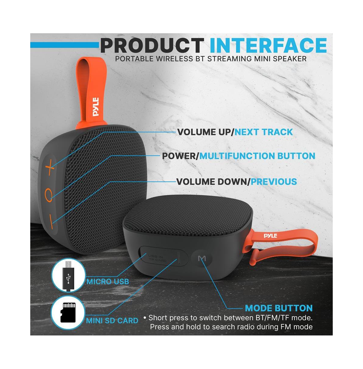 Pyle Portable Wireless Bluetooth Streaming Mini Speaker With Built-in Microphone,- Black