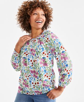 Women's Printed Popover Peasant Top
