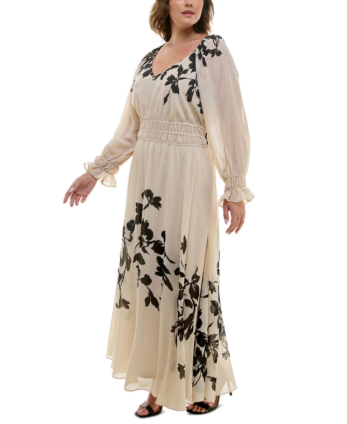 Taylor Plus Size Floral-Print Elastic-Waist Chiffon Maxi Dress