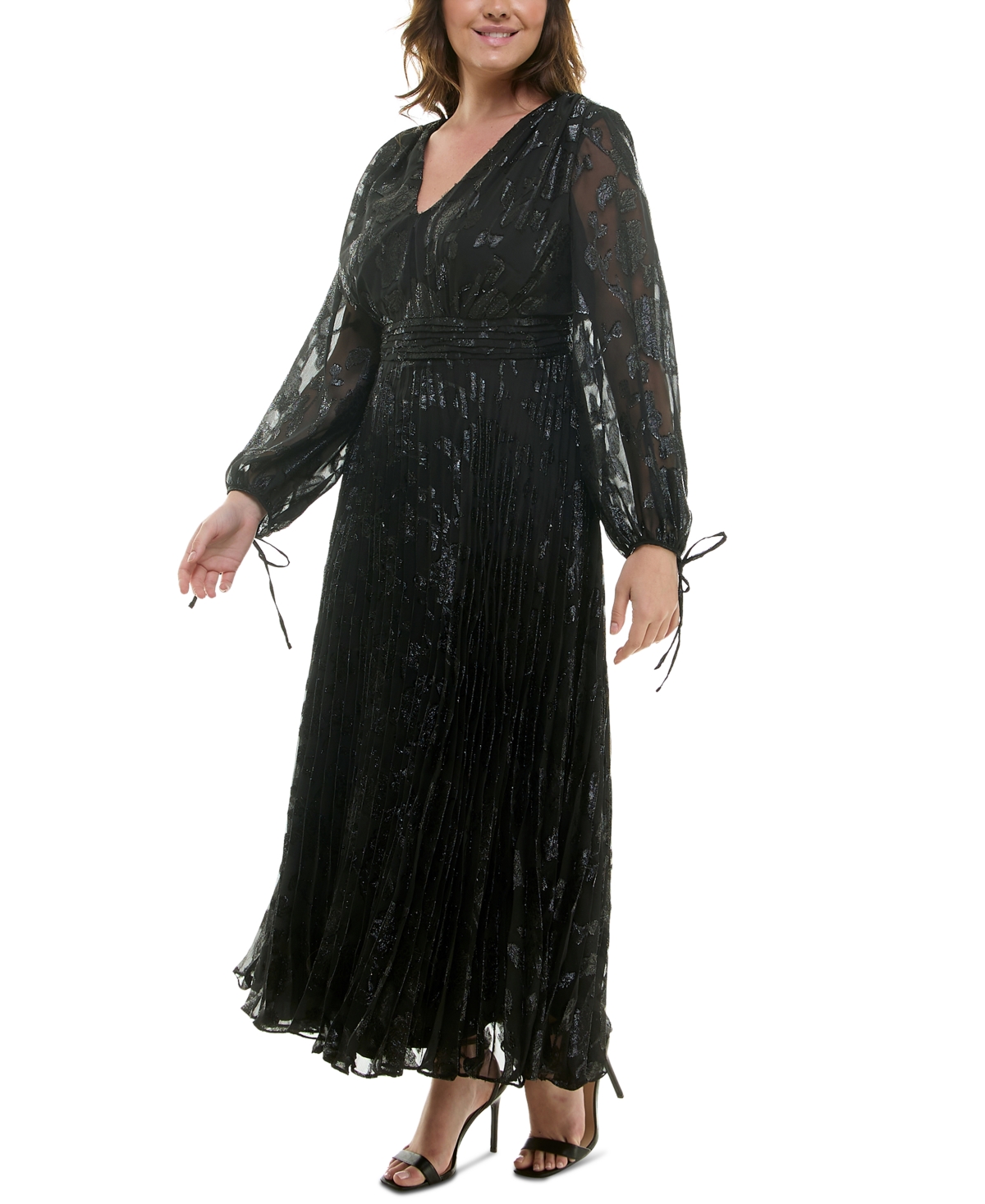 Taylor Plus Size Shimmering Floral Pleated Chiffon Maxi Dress
