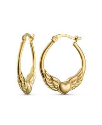 Spiritual Angelic Angel Wing Heart Hoop Earrings 14K Gold Plated .925 Sterling Silver .75 Inch Diameter
