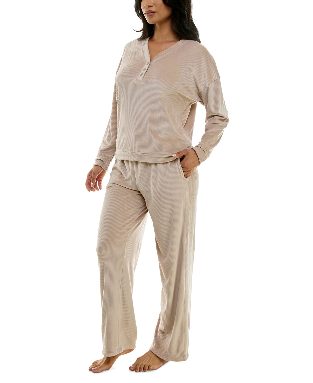 Roudelain Women's Long-Sleeve Ribbed Velour Pajama Set - Goat 250
