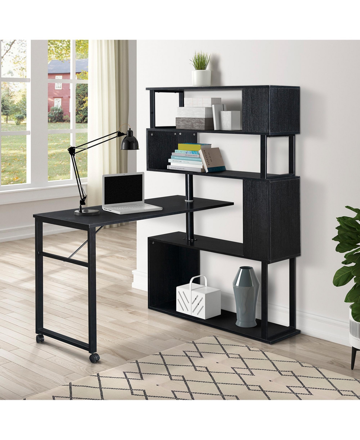 Slickblue Home Office Computer Desk L-Shaped Corner Table, Rotating Computer Table with 5-Tier Bookshelf, Four Installation Methods, Lockable Casters