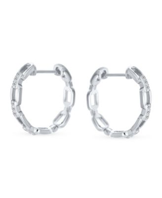 Elegant Round Paper Clip Link Open Pave CZ Accent Chain Link Hoop Earrings Of Cubic Zirconia .925 Sterling Silver .75 Inch