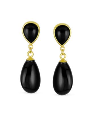 Double Teardrop Natural Stone Dangle Drop Earrings Gold Plated Sterling Silver