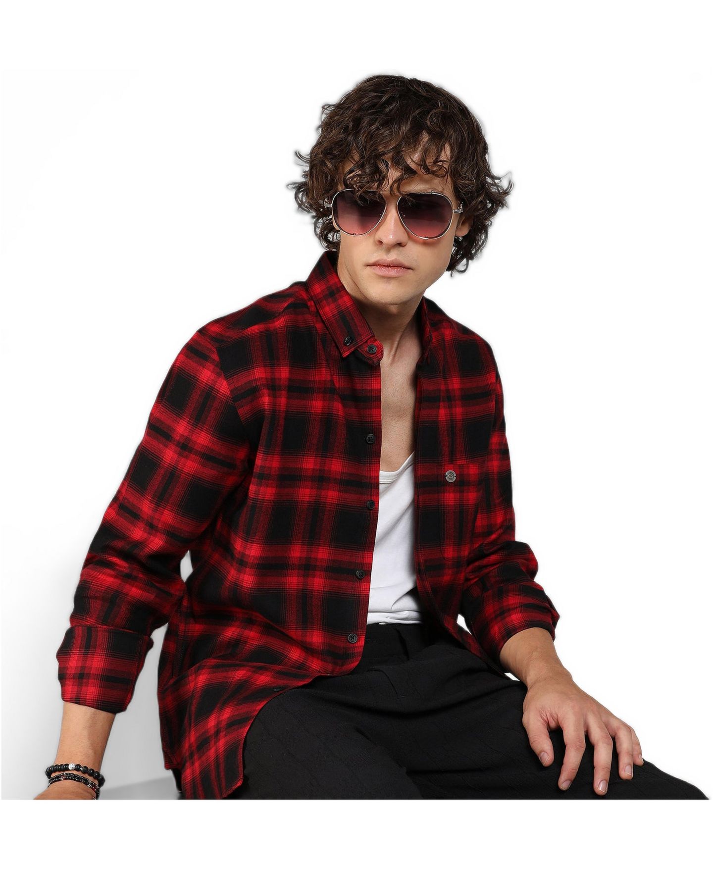 Мужская рубашка Cahoot Campus Sutra Midnight Black & Scarlet Red Brushed Buffalo Check, цвет: Чёрный — фото 2