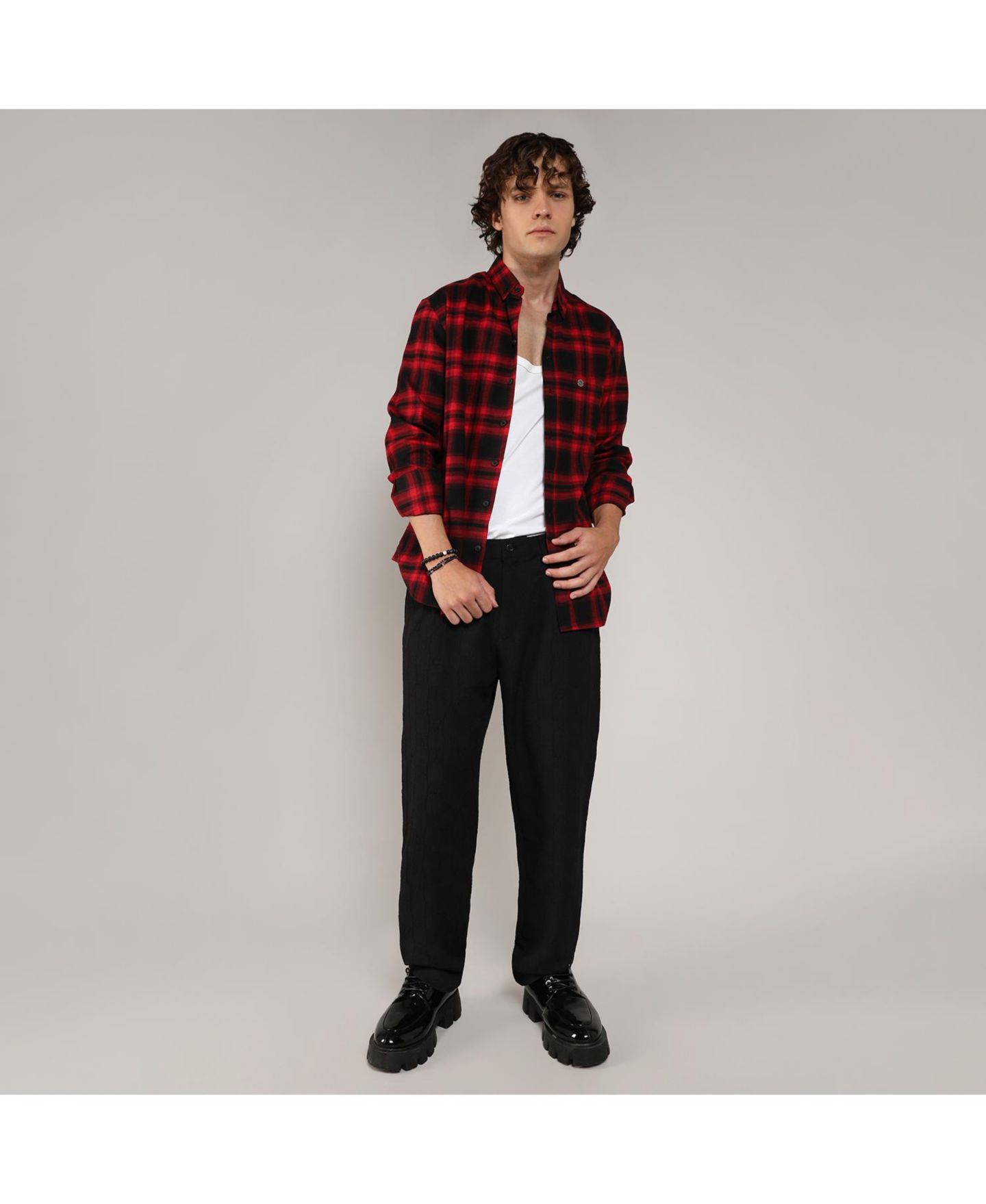 Мужская рубашка Cahoot Campus Sutra Midnight Black & Scarlet Red Brushed Buffalo Check, цвет: Чёрный — фото 4