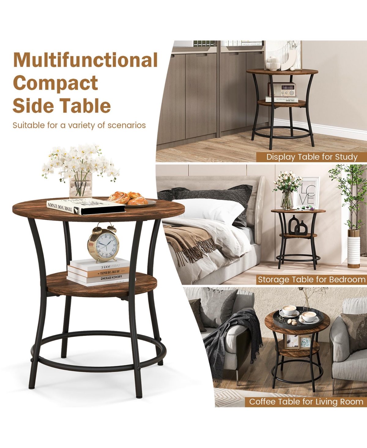 Gymax 2-Tier Side Table Compact Round Metal Frame Coffee Table w/ Open Shelf Brown - Brown+black