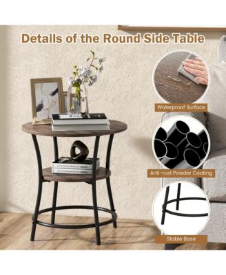 2-Tier Side Table Compact Round Metal Frame Coffee Table w/ Open Shelf Brown