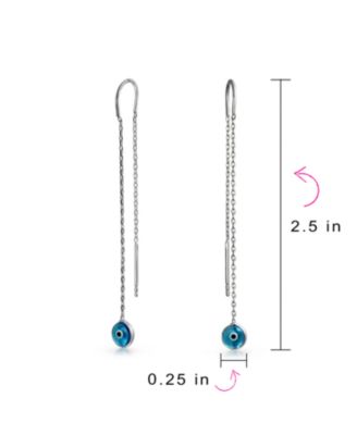 Blue Nazar Evil Eye Murano Glass Spiritual Thin Chain Threader Earrings .925 Sterling Silver