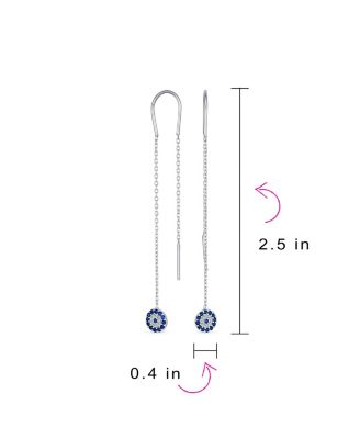 Blue Nazar Evil Eye Cubic Zirconia Pave CZ Spiritual Thin Chain Threader Earrings .925 Sterling Silver