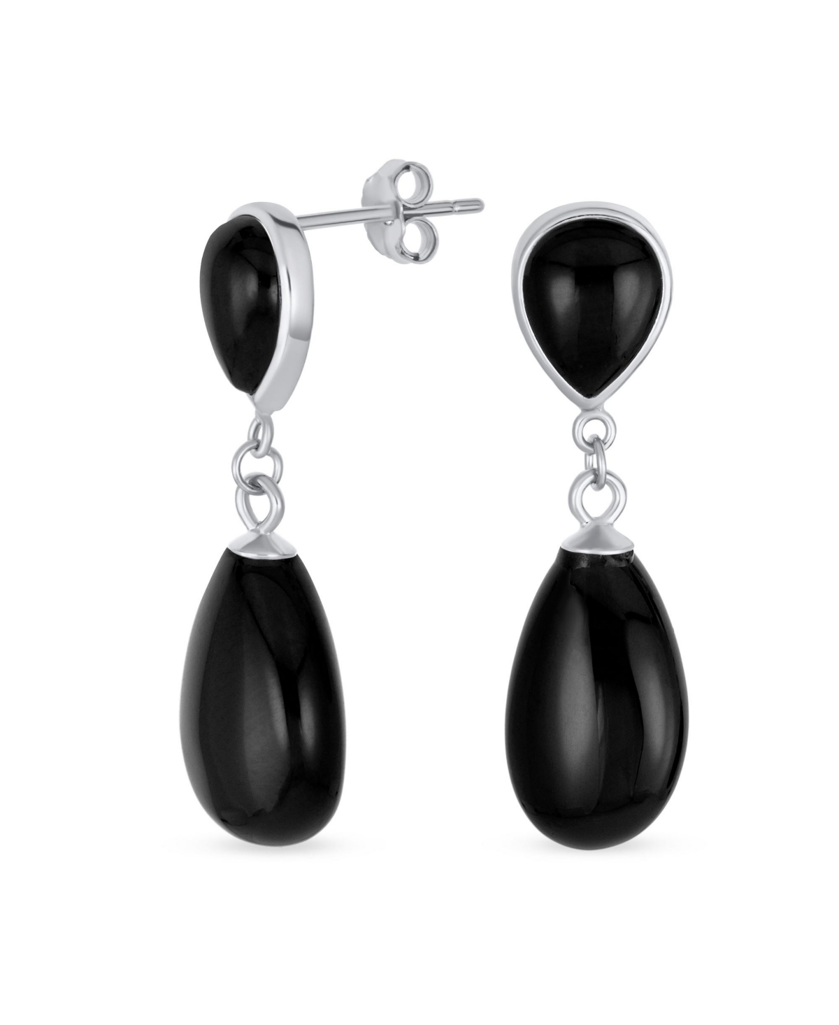 Double Teardrop Natural Stone Dangle Drop Earrings Gold Plated Sterling Silver - Silver black