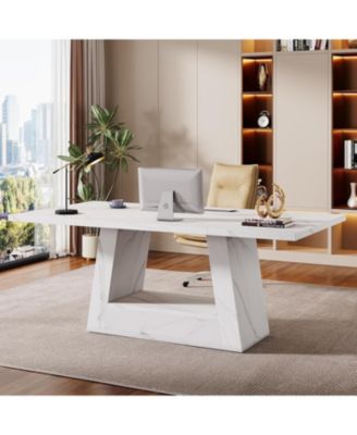 Modern Computer Desk, 63-Inch Large Office Desk, Simple Style Executive Desk Study Table with Sturdy Base, Wooden Faux Marble Writing Desk