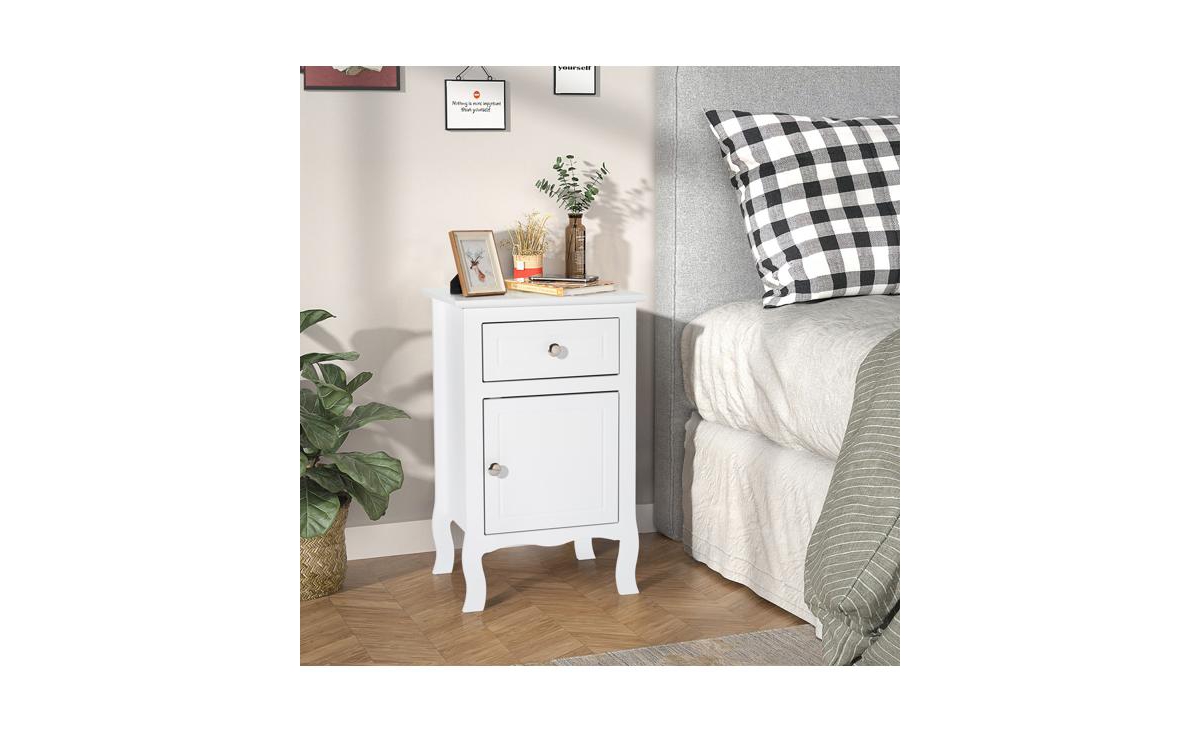 Slickblue Set of 2 Country Style Night Tables, Mdf with Curved Feet, One Drawer & One Door,- White