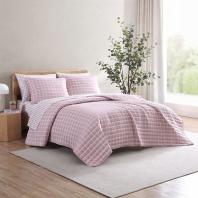 Woven Grid Microfiber Pink 3 Piece Quilt Set-Full/Queen