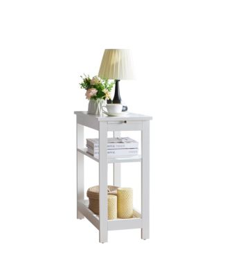 Slim Wood Side End Table with Storage Shelves & Pull-Out Tray, Nightstand for Bedroom, Living Room