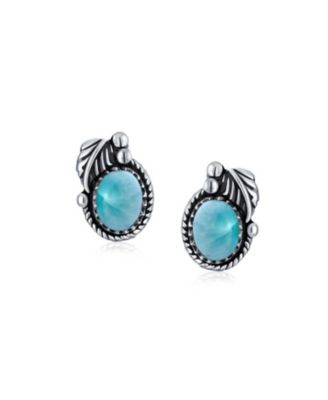 Native American Style Stabilized Oval Bezel Leaf Rope Edged Stud Earrings Western Jewelry Oxidized .925 Sterling Silver