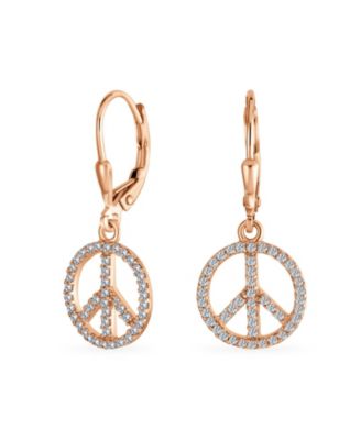 Message World Peace Sign Symbol Cubic Zirconia Pave CZ Lever back Drop Dangle Earrings Rose Gold Plated .925 Sterling Silver