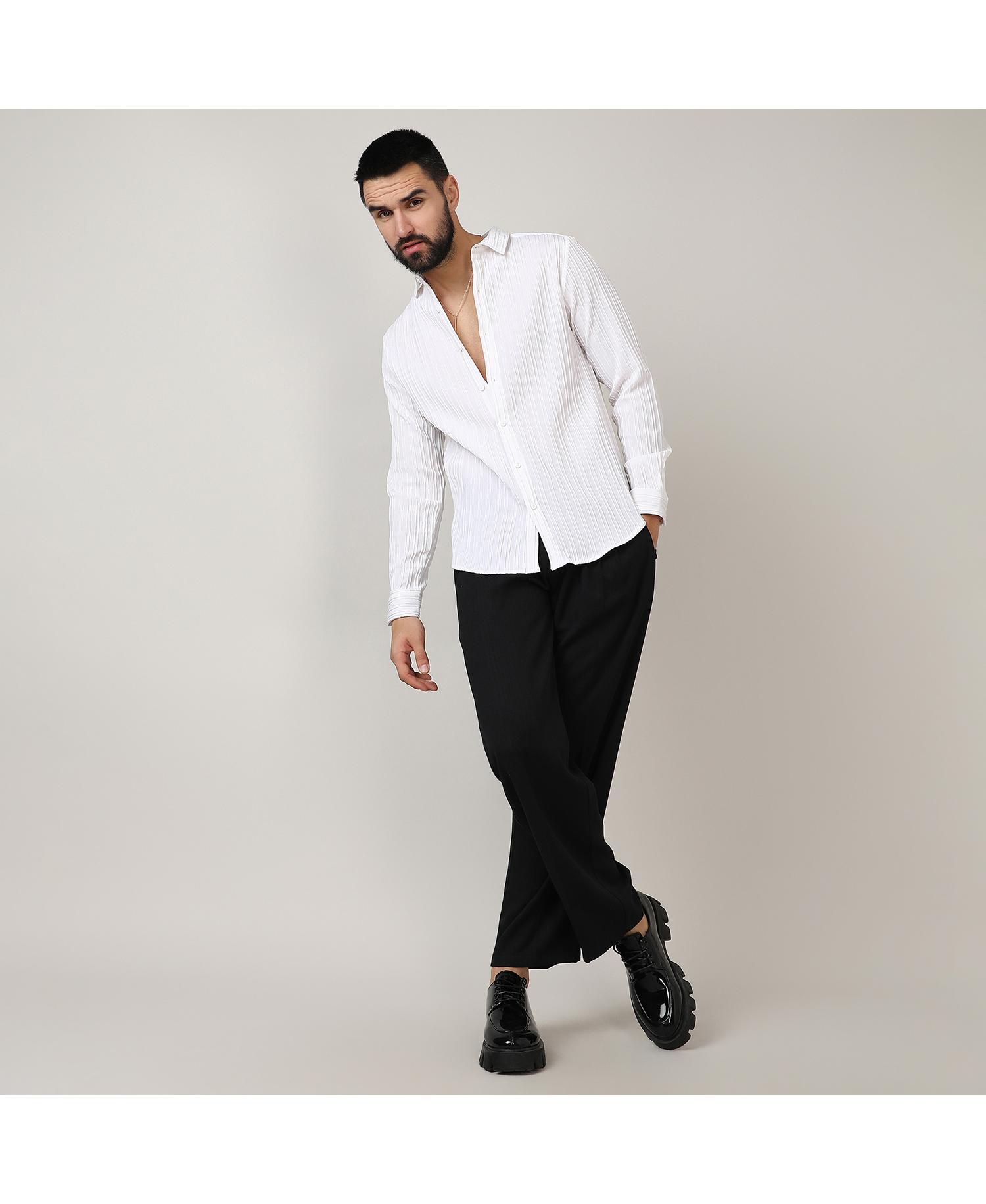 Men's Chalk White Self-Design Striped Shirt
