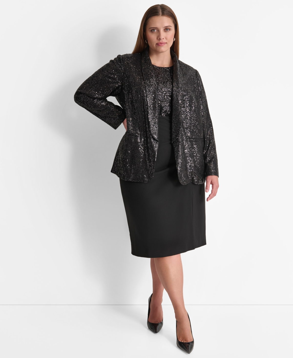 Dkny Plus Size Sequined Shawl-Collar Long-Sleeve Jacket