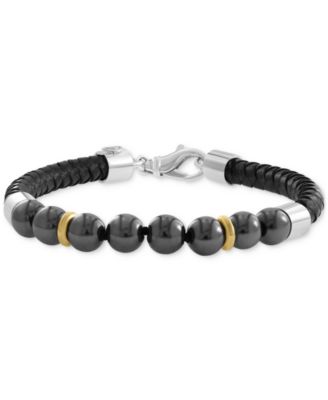 EFFY Collection - Men's Hematite Bead Woven Leather Bracelet in Sterling Silver & 18k Gold-Plate