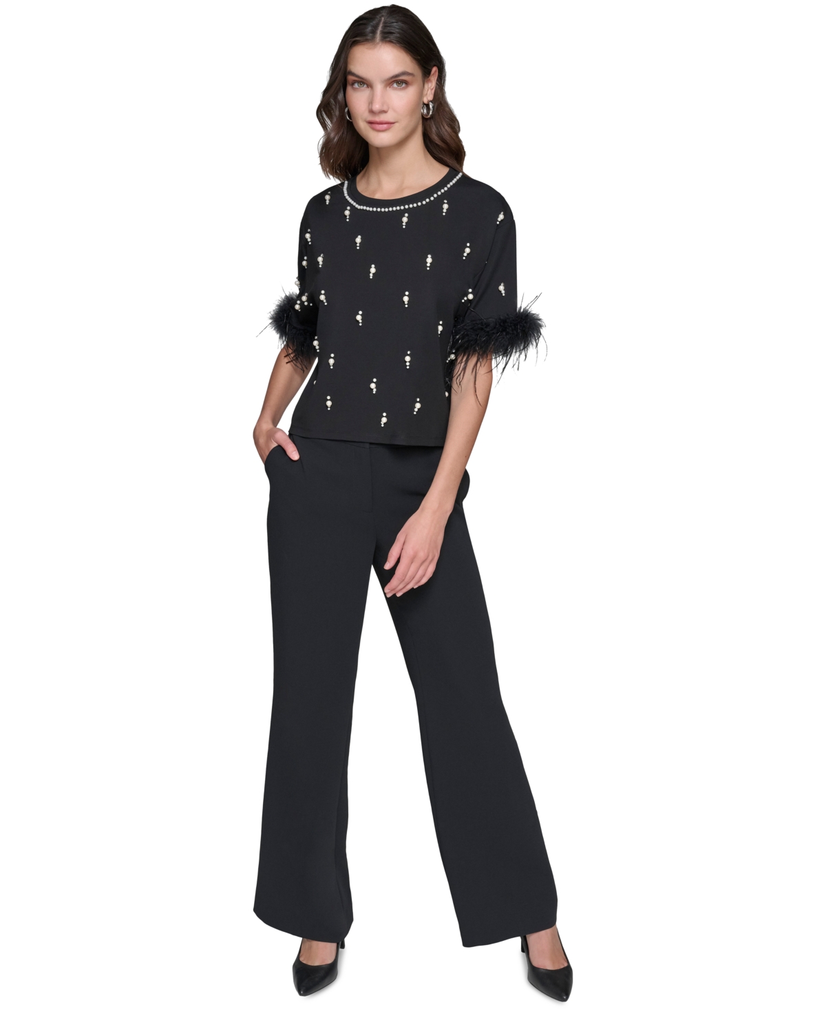 Karl Lagerfeld Paris Women's Faux-Pearl Feather-Trim Top