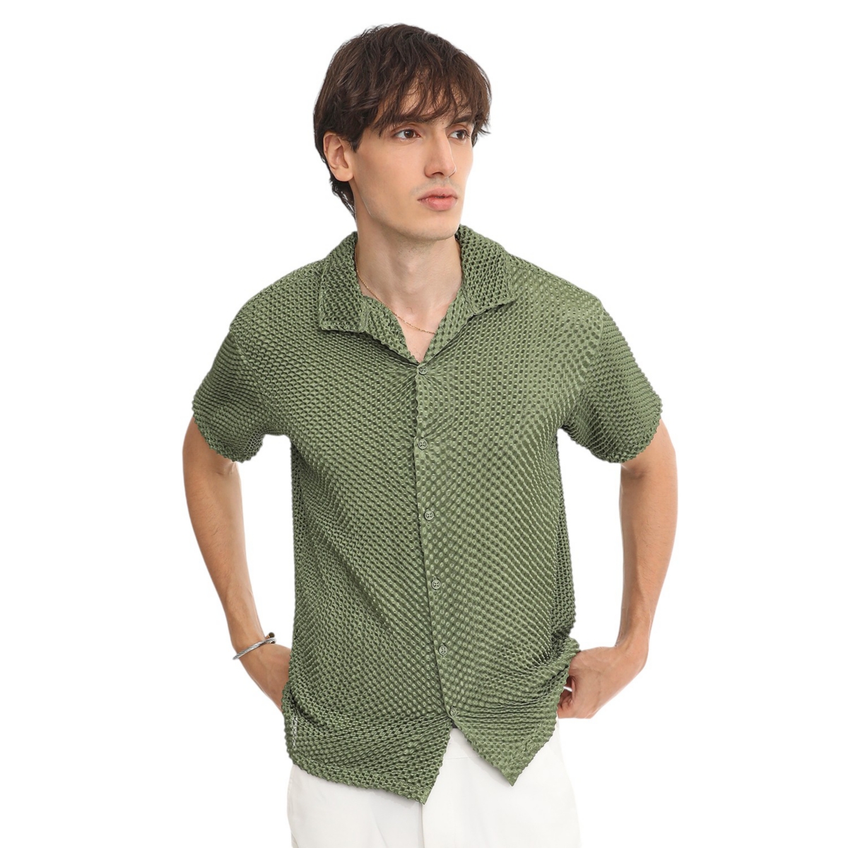 Men's Olive Green Puffy-Textured Shirt - Green