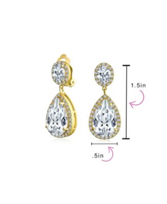 Cubic Zirconia Pave CZ Halo Statement Large Teardrop Dangle Clip On Earrings Prom 14K Gold Plated Brass
