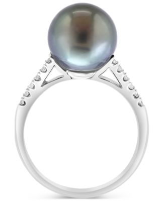 EFFY&reg; Cultured Tahitian Pearl (10mm) & Diamond (1/10 ct. t.w.) Ring in 14k White Gold