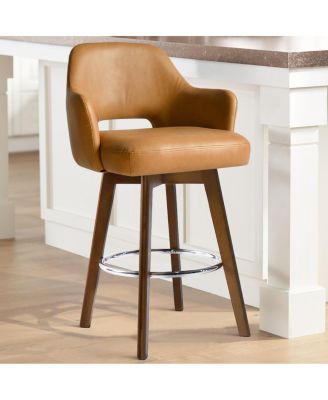 Set of 3 Swivel Faux Leather Counter Height Bar Stools with Back and Arms, 26'' Seat, Rubberwood Legs-Maison Boucle
