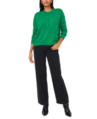 Women's Crewneck Embellished Pearl Long-Sleeve Sweater