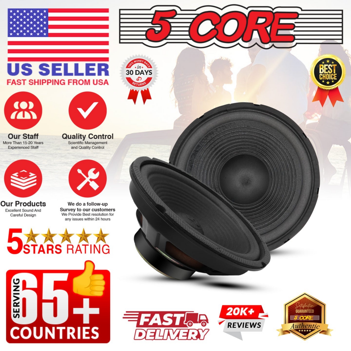 5 Core 8 Inch Subwoofer Pair • 500W Pmpo 4 Ohm Car Bass Sub Woofer • Replacement Speaker w Voice Coil • Bocinas para Carro