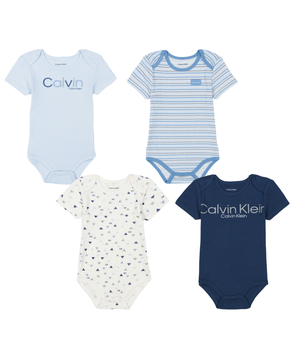 Calvin Klein Baby Boy Logo Short Sleeve Bodysuits, 4-piece Set In Dark Denim,plain Air,antique White