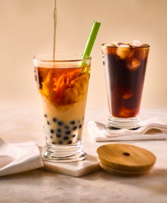 Napoleon Bee Bubble Tea&nbsp;Glass&nbsp;with Wood Lid and Straw, 15 oz.