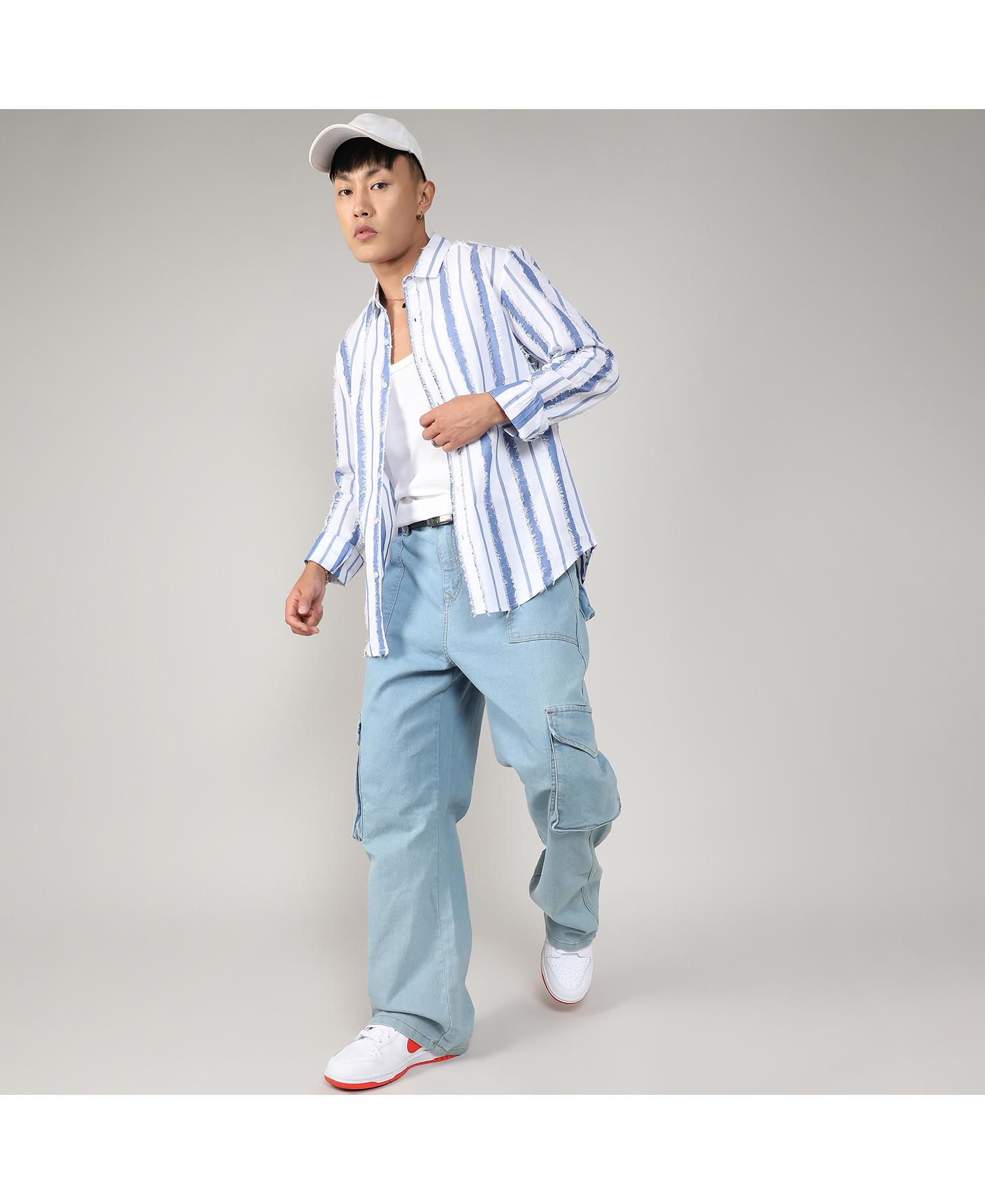 Men's Sky Blue & Chalk White Striped Fringe Shirt