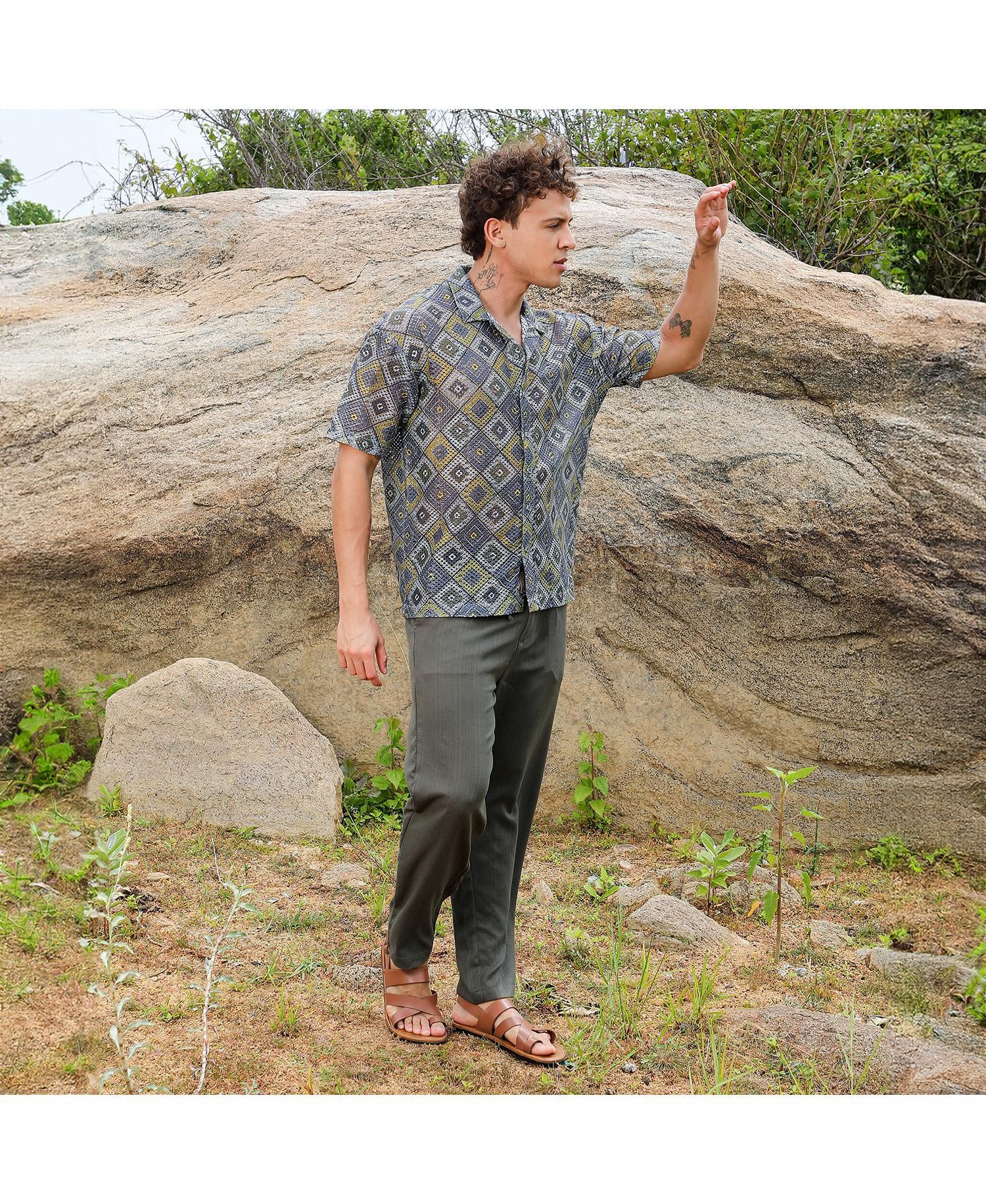 Men's Lapis Blue & Yellow Ochre Geometric Block Oversized Shirt