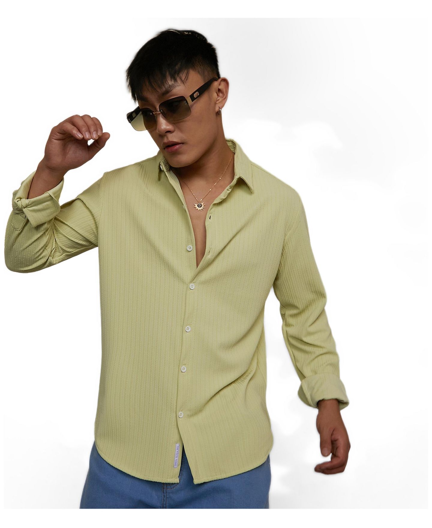 Мужская рубашка Cahoot Campus Sutra Lime Green Stripe-Creased, цвет: Зелёный — фото 6