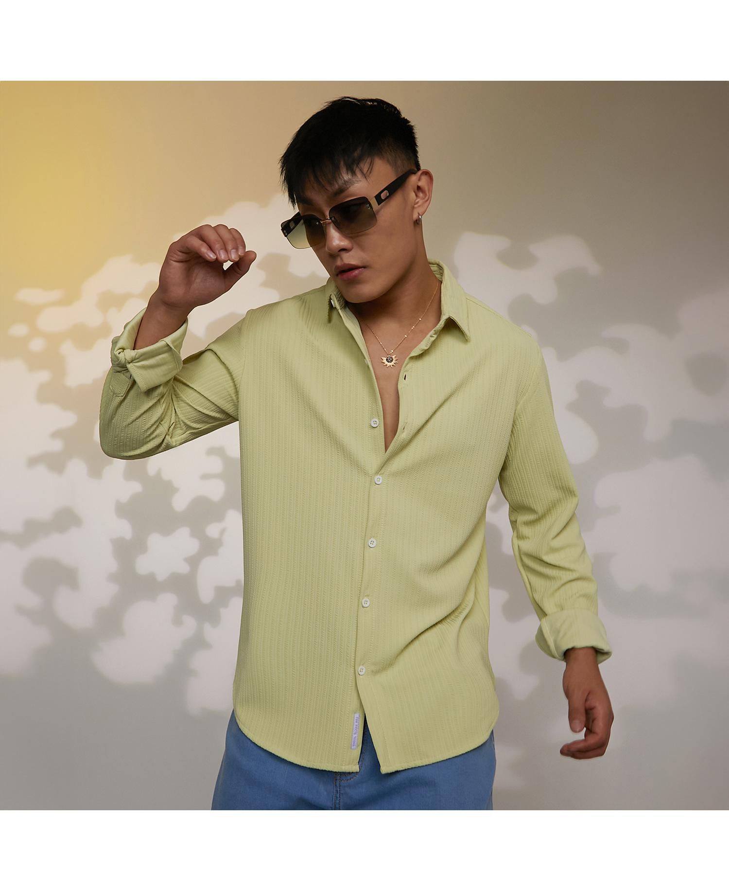 Men's Lime Green Stripe-Creased Shirt