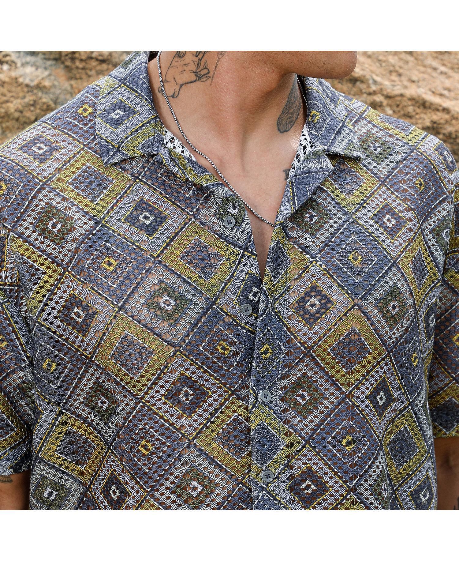 Men's Lapis Blue & Yellow Ochre Geometric Block Oversized Shirt