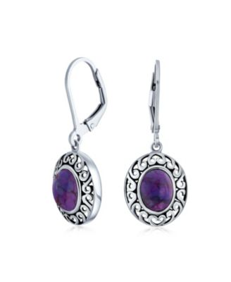3CTW Natural Stones Oval Bezel Set Lever Back Dangle Earrings Oxidized .925 Sterling Silver