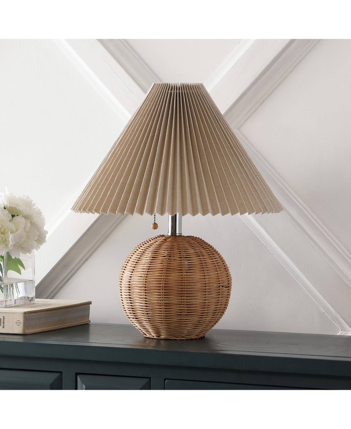 Jonathan Y Aksel 17.25" Coastal Scandinavian Resin/Iron Sphere Led Table Lamp with Pleated Shade and Pull Chain, Beige Wood Finish/White