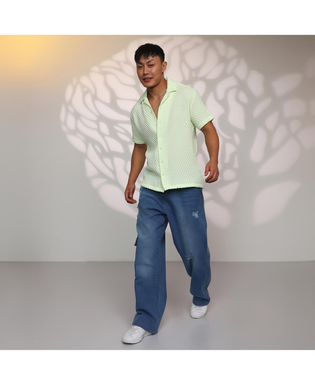 Campus Sutra Men's LimeCubic-Textured Resort Shirt - Green