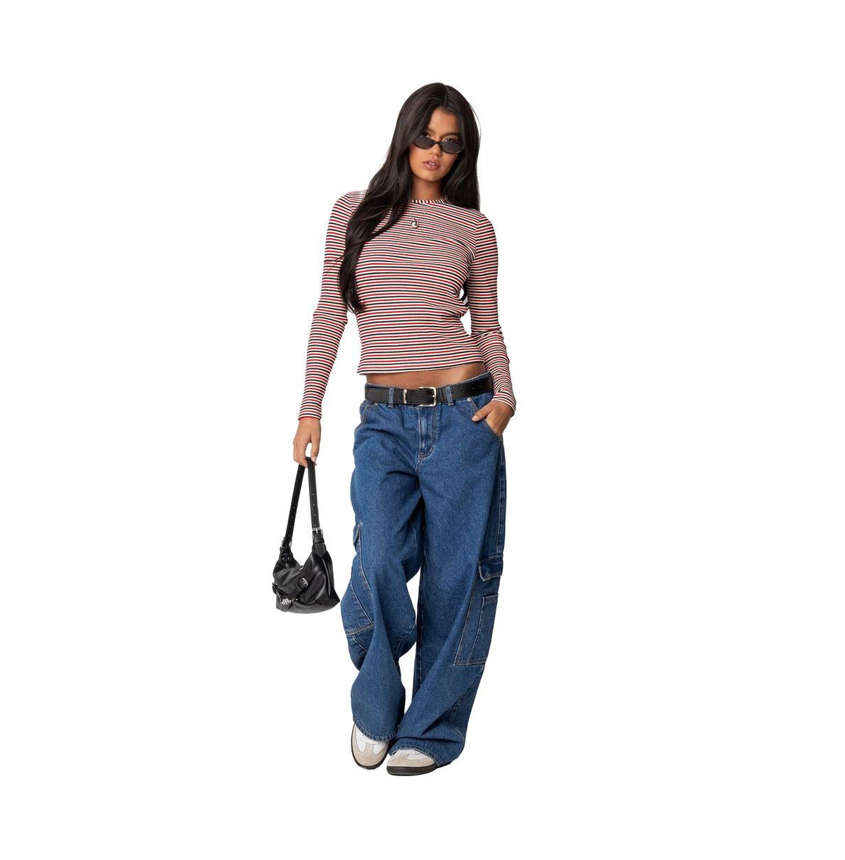Edikted Women's Corina Ribbed Stripey Long Sleeve T Shirt