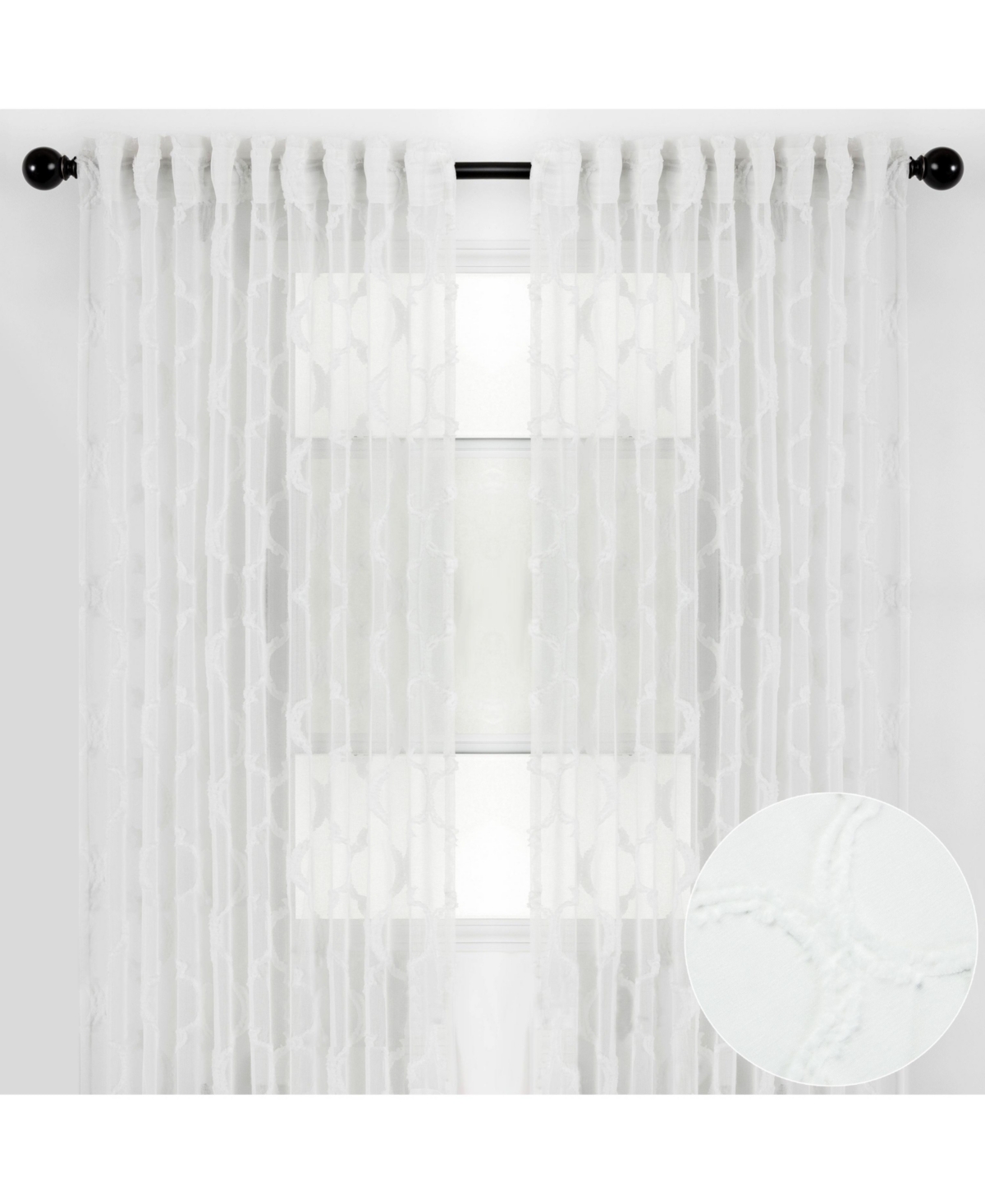 Premium 2-Panel Moroccan Embroidered Design Textured Sheer Curtain Panels - for Windows Living Room Bedroom Kitchen Office - Translucent Wind