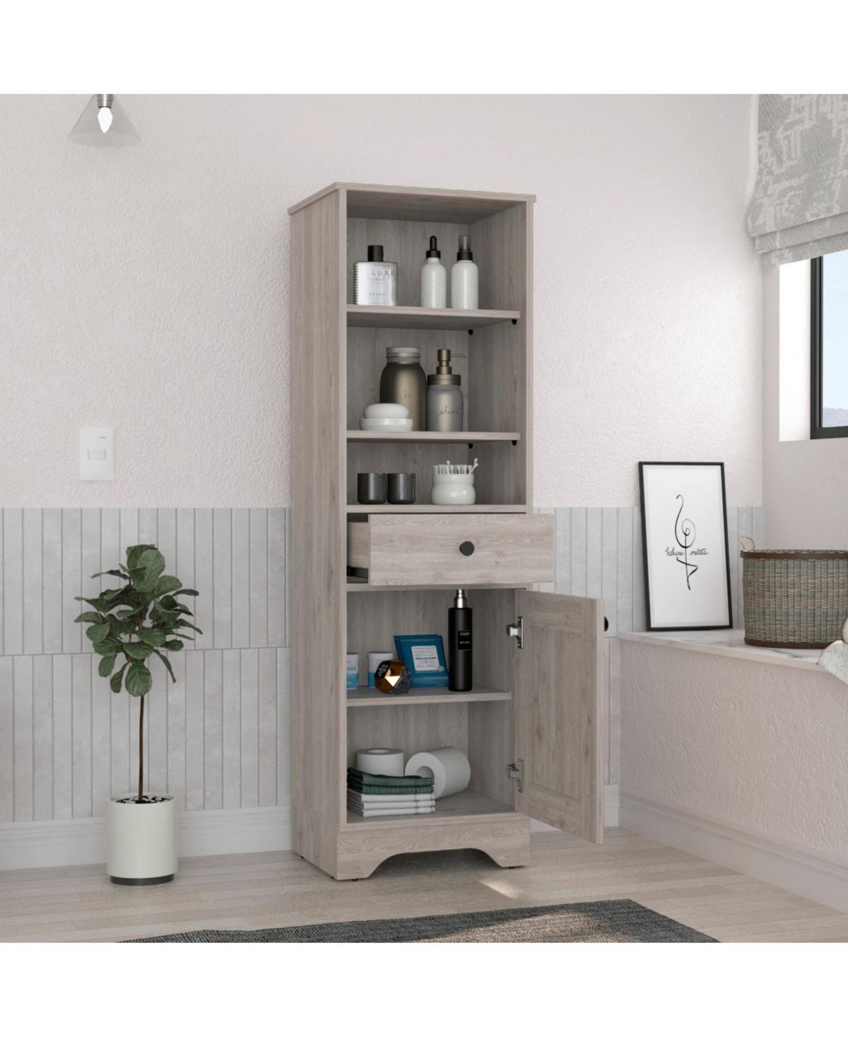 Depot E-Shop Norwalk Linen Single Door Cabinet, Three External Shelves, One Drawer, Two Interior Shelves, Light- Gray