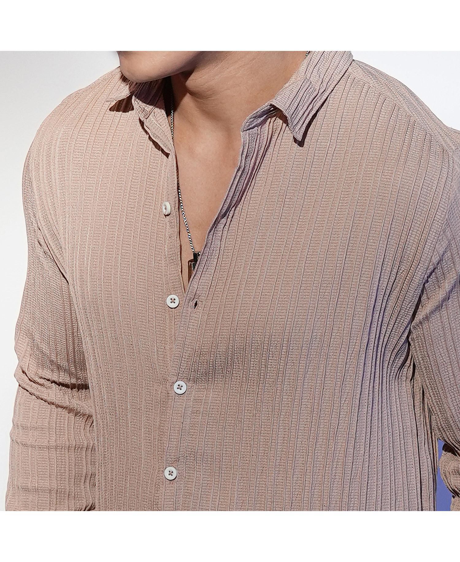 Men's Light Beige Self-Design Striped Shirt
